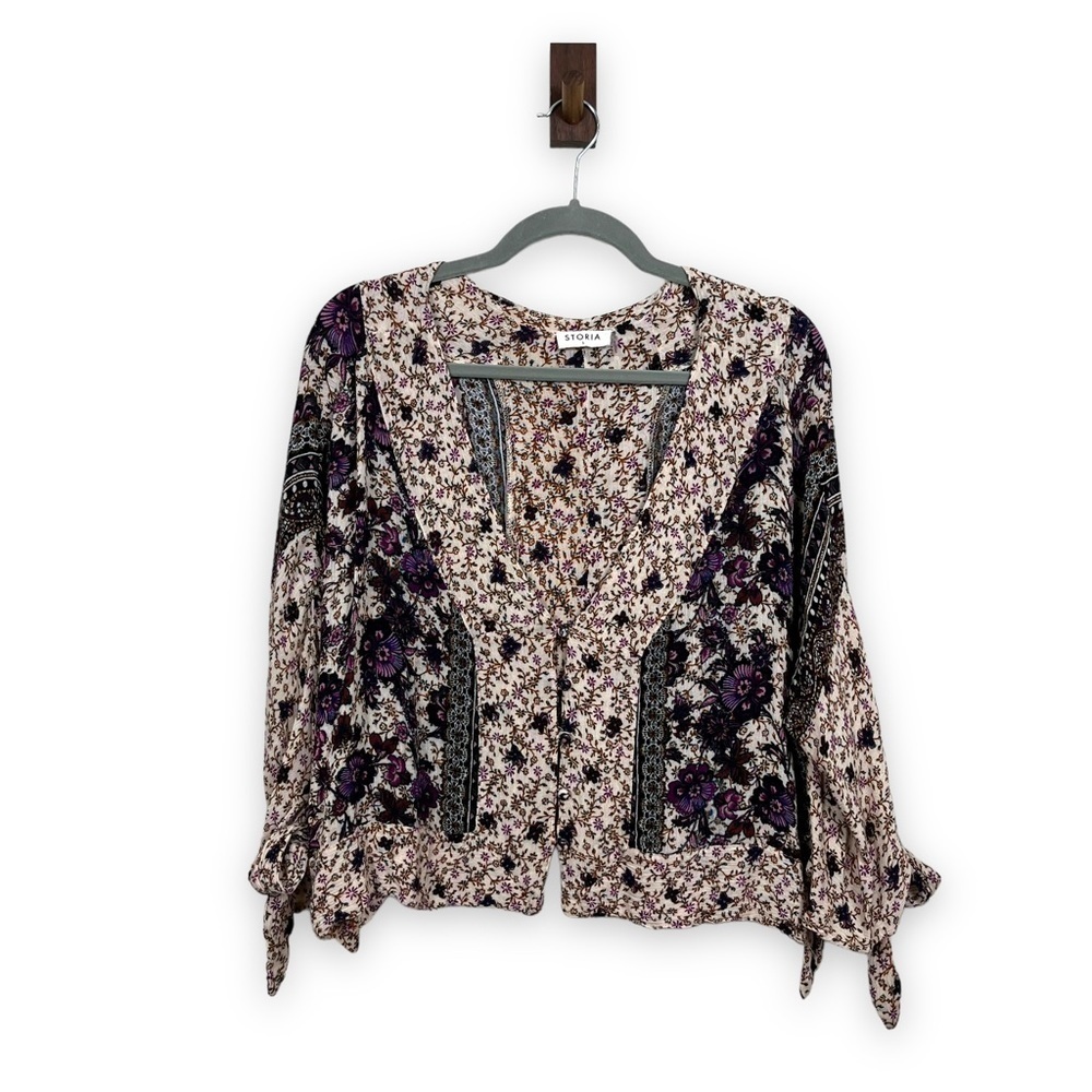 Storia Top Womens Small Purple Dark Floral Cropped Bohemian Floral Fairy Cowgirl